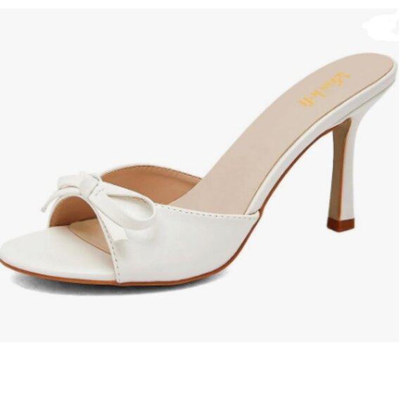 miss left White Open Toe Mule Bows High Heeled Slip On Sandal Dress Shoes - Picture 1 of 8